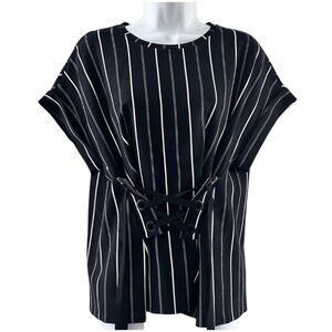 Express Womens Striped Black & White Lace-Up Detail Top S